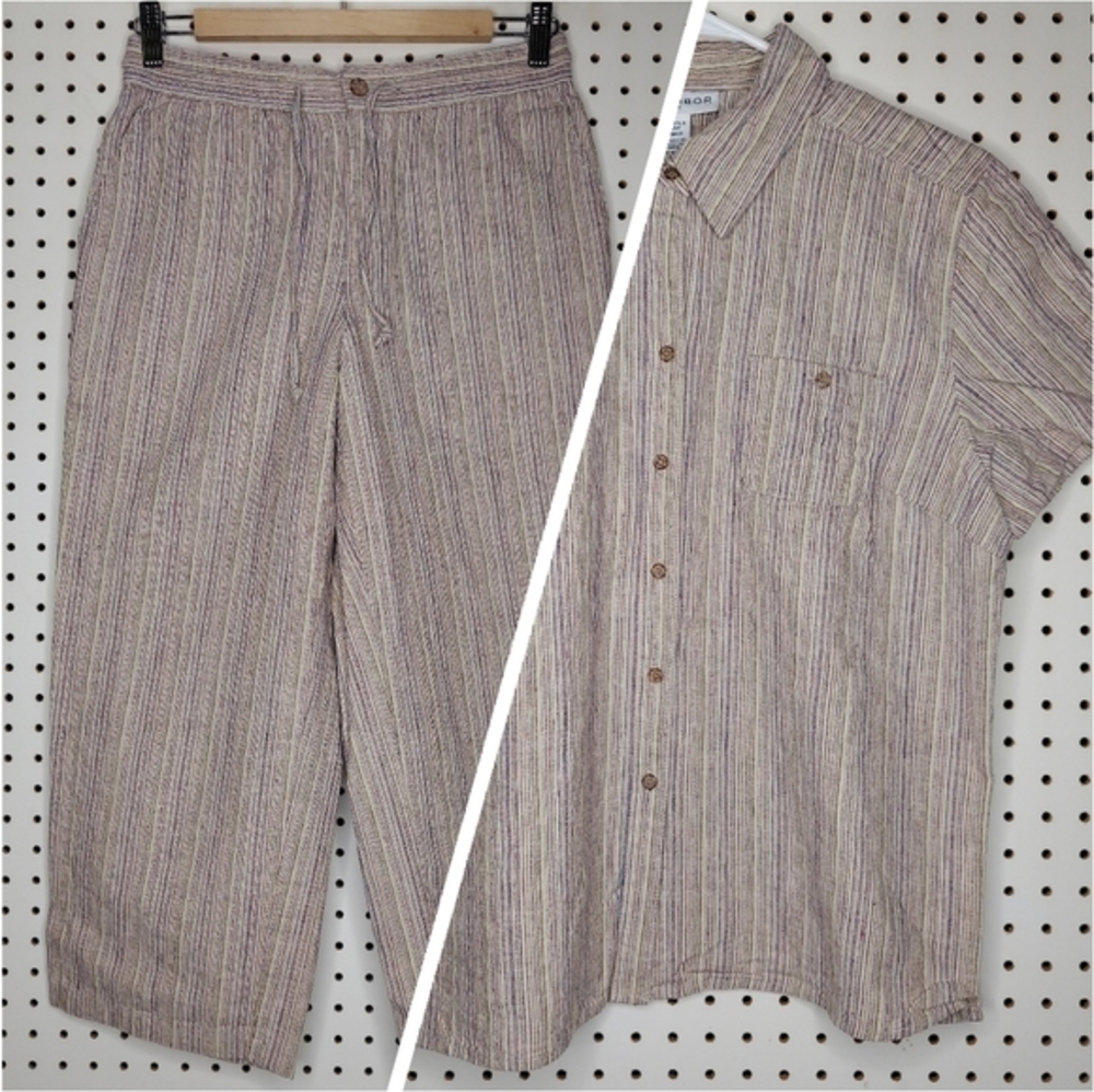 Sag Harbor Linen Capri Top SET Womens Petite Medium Short Sleeve‎ Coastal Stripe